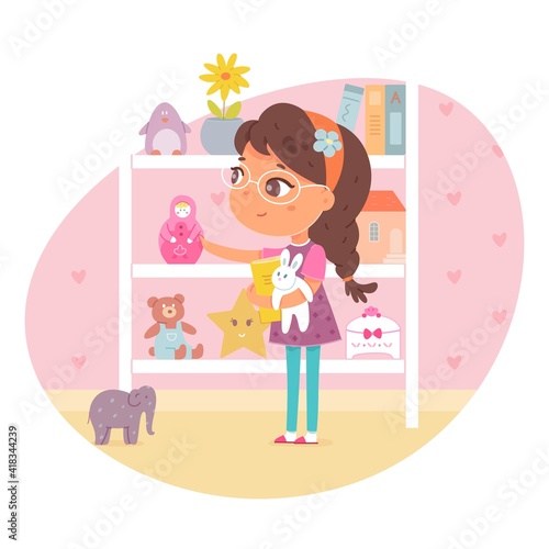 Girl putting toys from floor to shelves, helping with housework. Kid helps to clean bedroom vector illustration. From messy room to neat shelves in stand with books and toys