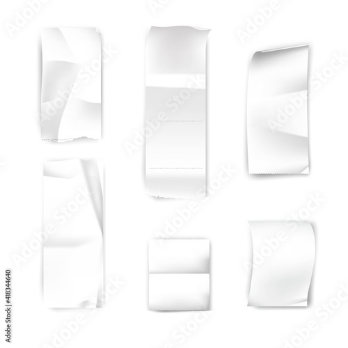 Blank receipt set. Empty paper bills, shop and supermarket checks vector illustration. Realistic crumpled lists of purchases on white background. Place for finance transactions