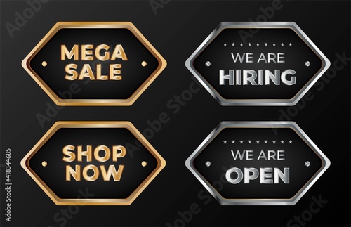 Elegant collection of silver and gold design of badge. We are hiring, open now, mega sale, and shop now badge. Golden and silver vector design elements