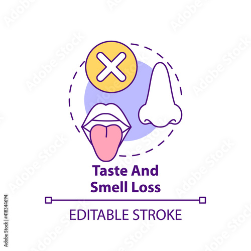 Taste and smell loss concept icon. Respiratory disease idea thin line illustration. Types of symptoms. Infection and pandemic. Vector isolated outline RGB color drawing. Editable stroke