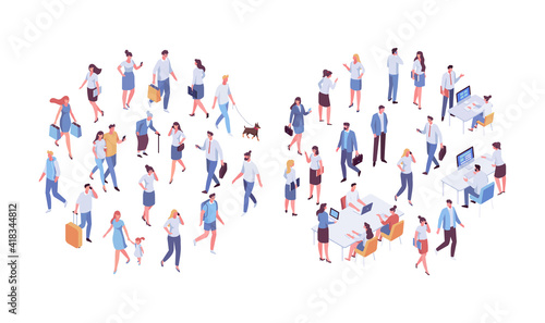 Different isomeric people vector set isolated on white. Male and female characters. Flat isometric vector..