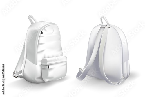 White backpack design front and back view set. College or school rucksack mockup vector illustration. Realistic youth pack of fabric for study or sport with shadows