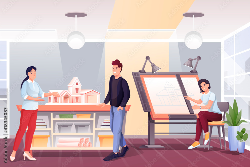 People working in design office. Business workplace interior vector illustration. Women and man doing creative job in team. Graphic workstation with lamps, house model in room People working in design office. Business workplace interior vector illustration. Women and man doing creative job in team. Graphic workstation with lamps, house model in room