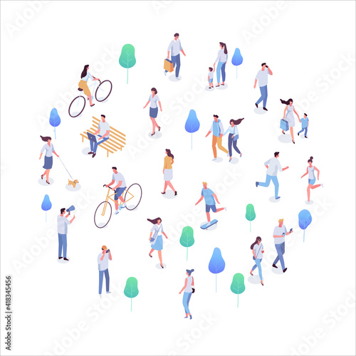 Isometric vector background people. City street, park. Different people walking outdoor, riding bicycle, sitting on bench, walking with friends, pets. Family together. Flat vector isolated.