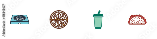 Set Pizza in cardboard box, , Glass with water and Taco tortilla icon. Vector.