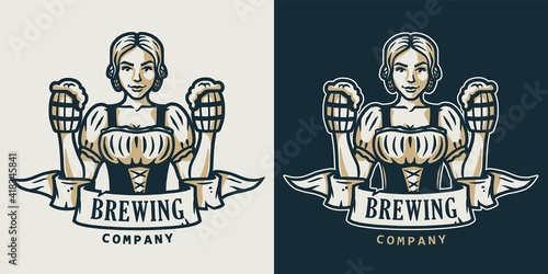 Girl with craft beer pint mug. Logo for drink bevery bar or pub. Emblem for bavarian oktoberfest photo