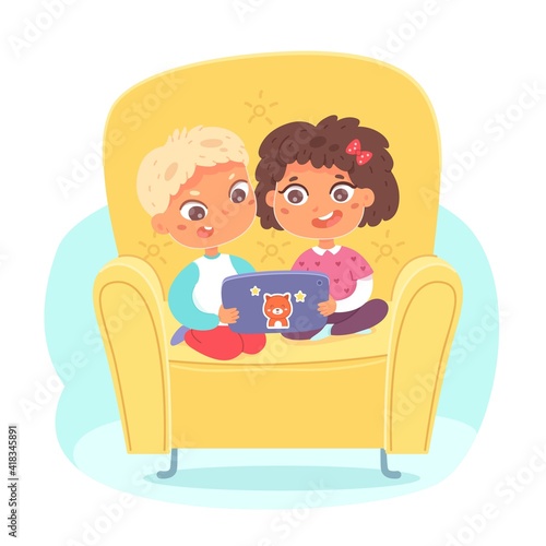 Kids sitting with tablet. Little boy and girl looking at tablet in yellow armchair. Children with mobile devices vector illustration. Indoor fun activities with electronics
