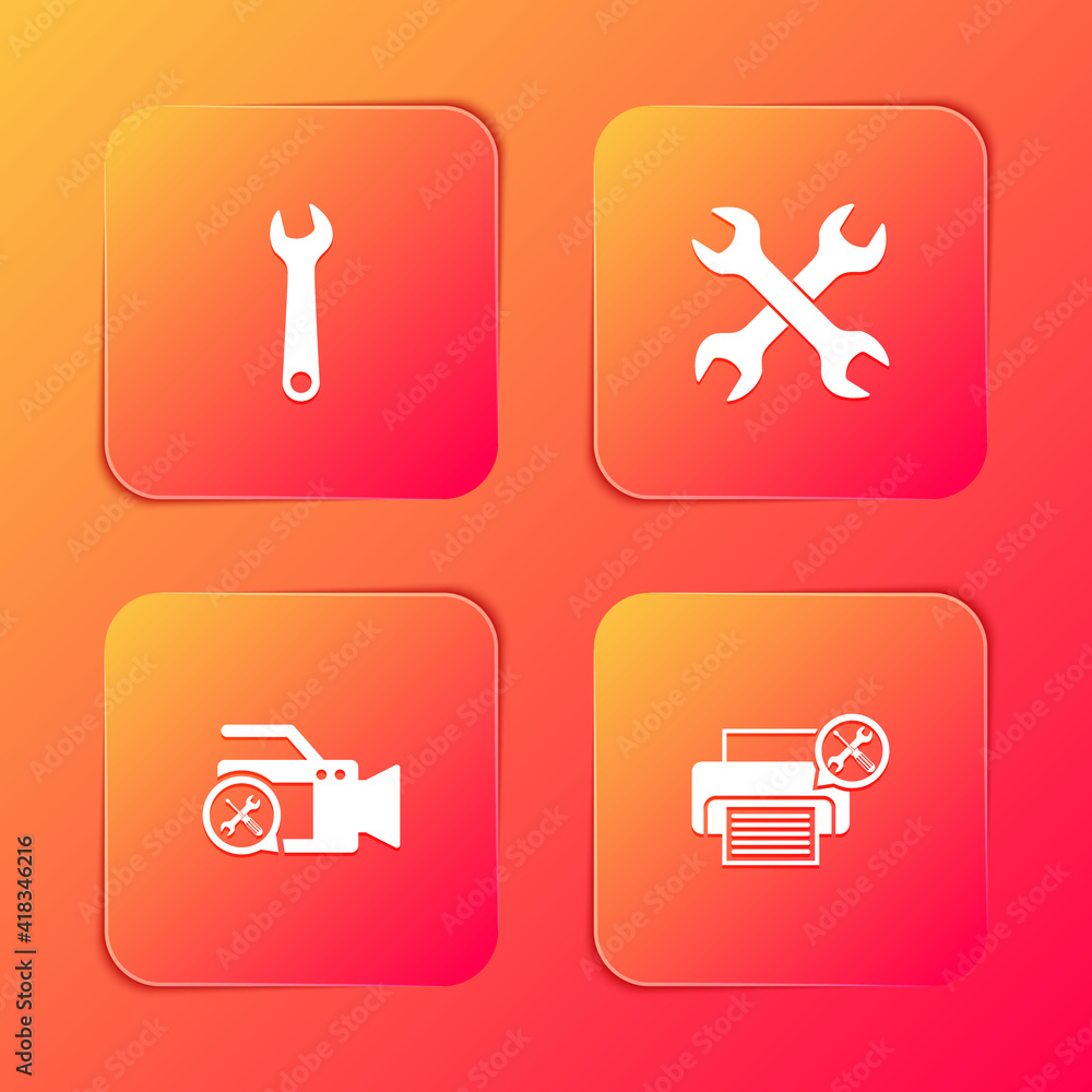 Set Wrench, Crossed wrenchs, Video camera service and Printer icon. Vector. Set Wrench, Crossed wrenchs, Video camera service and Printer icon. Vector.