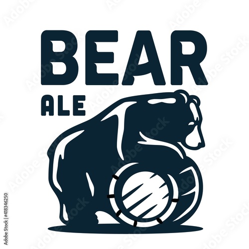 Emblem of brewery bear with wood barrel of craft brewing beer for bar or pab