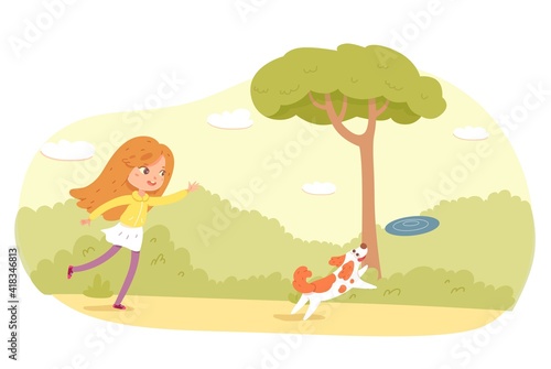 Girl playing with frisbee in park or playground. Happy kid doing outdoor summer activities vector illustration. Child with dog throwing game, pet jumping in nature