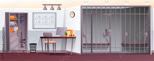 Police station interior background. Security department office with jail cell vector illustration. Room with desk, computer, chair, binders, cupboard with gun. Horizontal panorama