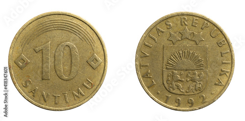 latvia ten santimus coin on a white isolated background