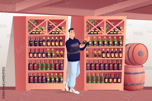 Man choosing in alcohol shop. Wine store interioir design with shelves with rows of bottles, barrels in background. Young happy guy holding bottle in hands vector illustration