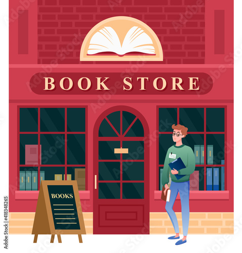 Book store facade, vintage city building architecture of bookstore and boy student