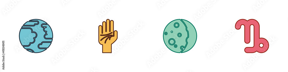 Set Planet Mercury, Palmistry of the hand, Eclipse sun and Capricorn zodiac icon. Vector. Set Planet Mercury, Palmistry of the hand, Eclipse sun and Capricorn zodiac icon. Vector.