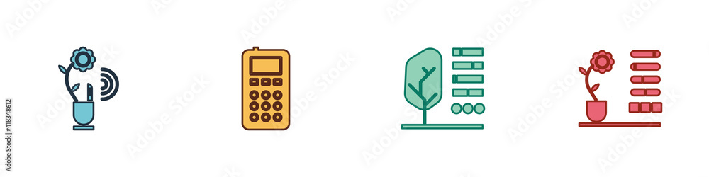 Set Smart farming technology, Remote control, Plant status and Flower icon. Vector.