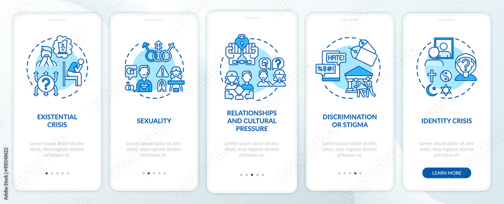 Issues with religion blue onboarding mobile app page screen with concepts. Identity crisis. Social pressure walkthrough 5 steps graphic instructions. UI vector template with RGB color illustrations