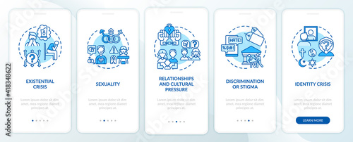 Issues with religion blue onboarding mobile app page screen with concepts. Identity crisis. Social pressure walkthrough 5 steps graphic instructions. UI vector template with RGB color illustrations