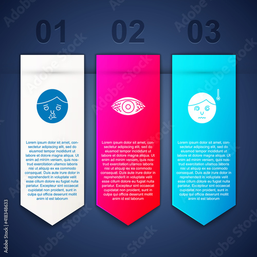 Set Runny nose, Reddish eye allergic conjunctivitis and High human body temperature. Business infographic template. Vector.