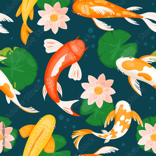 Koi carp fishes swim in blue water with lotus lily flowers, seamless japanese pattern