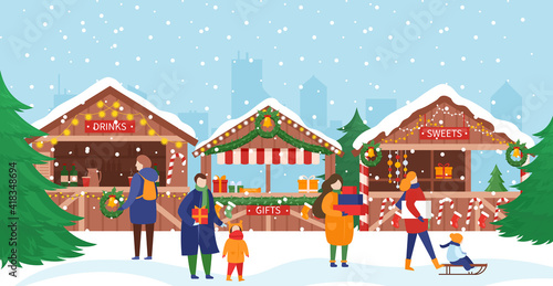 People in Christmas market, crowd of characters walking next to stalls with sweet gifts