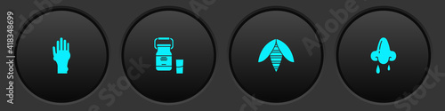 Set Hand with psoriasis or eczema, Can container for milk, Bee and Runny nose icon. Vector.