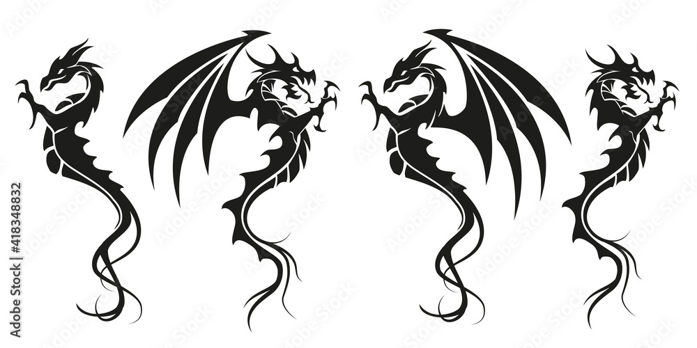 Dragons - Dragon symbol tattoo, set of black and white vector illustration, isolated on white background Dragons - Dragon symbol tattoo, set of black and white vector illustration, isolated on white background