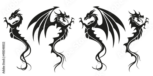 Dragons - Dragon symbol tattoo, set of black and white vector illustration, isolated on white background