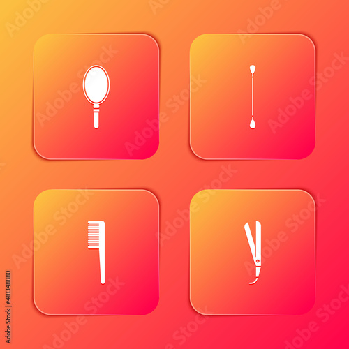 Set Hand mirror, Cotton swab for ears, Hairbrush and Curling iron icon. Vector.