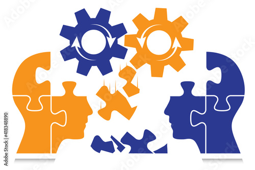 Abstract puzzle shaped heads with cogwheels and grinded puzzle pieces. Creative business artwork for use in brainstorming, communication,  success and challenge concept design projects. 