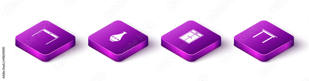 Set Isometric Wooden table, Vase, Wardrobe and icon. Vector. Set Isometric Wooden table, Vase, Wardrobe and icon. Vector.