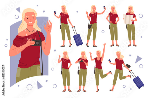 Girl traveler pose set, n young tourist woman traveling photographing, posing for selfie