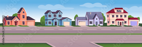 Suburban cityscape background. Modern cartoon town view design vector illustration. Cozy windows and doors in buildings, driveway, sidewalk, grass. Horizontal outdoor scene