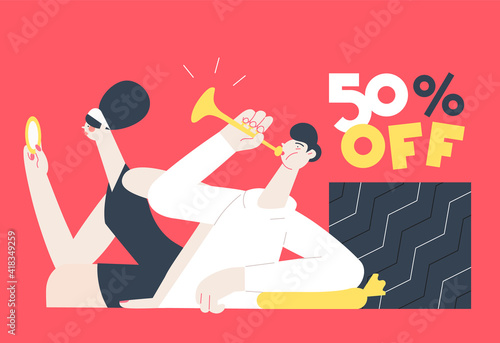50 percent discount modern vector illustration girl looking at herself in the mirror - man playing the trumpet