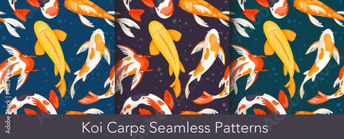 Koi carp fishes seamless set, asian underwater aquatic colorful animals swim in pond