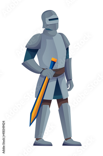 Medieval knight in armor character. Warrior standing with sword in Middle Ages period vector illustration. Chivalrous brave man with weapon isolated on white background