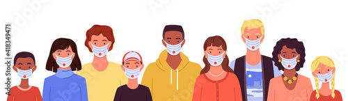 Different people in medical masks, portraits set, man woman wear mask to protect health