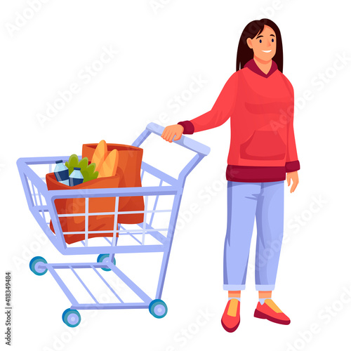 Woman with cart in supermarket vector illustration. Trolley full of healthy food flat clipart. Cartoon character grocery shopping in mall isolated design element. Consumer buying goods. Dairy product.