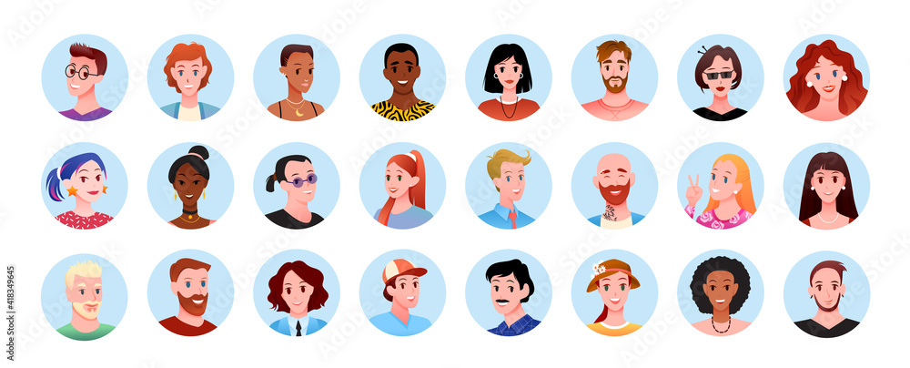 Profile round avatars, happy people of different race and age set, portraits in circles Profile round avatars, happy people of different race and age set, portraits in circles