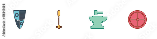 Set Shield, Torch flame, Anvil for blacksmithing hammer and Round wooden shield icon. Vector.