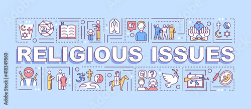 Religious issues word concepts banner. Aggression and prejudice. Society problems. Infographics with linear icons on blue background. Isolated typography. Vector outline RGB color illustration