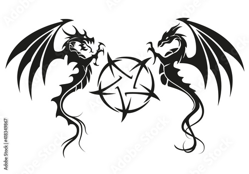 Dragons with pentagram - Dragon symbol tattoo, black and white vector illustration, isolated on white background