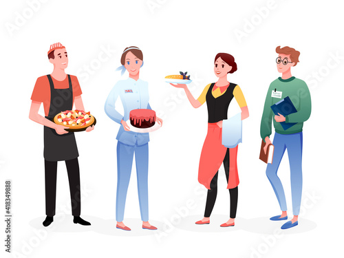 Catering service worker people set, happy professional man woman standing together in row