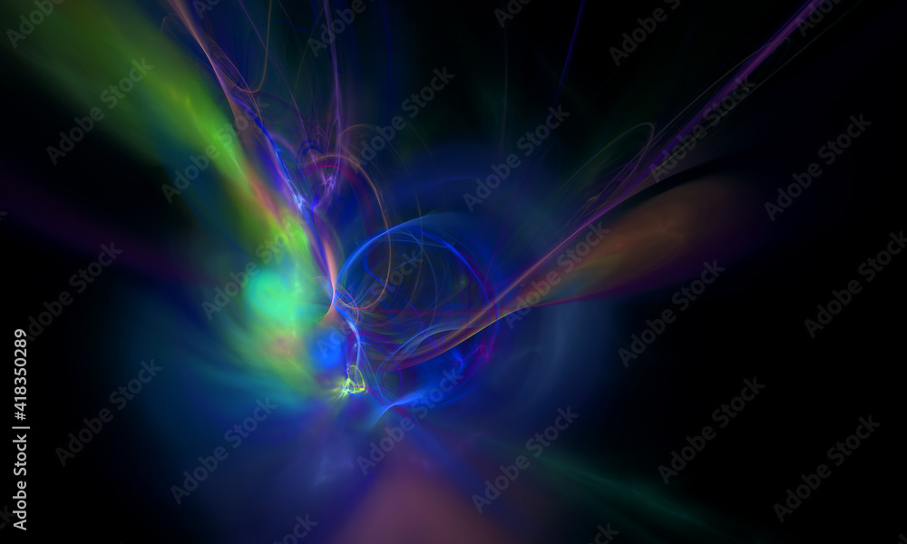 Fantastic glowing substance with reflections and refractions inside. Ambient flow in artistic digital composition. Glass leaks and flares in blue, green and violet vortex or tunnel.	