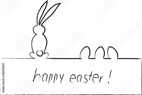 happy easter - Frohe Ostern - Osterhase von hinten als Silhouette mit drei Ostereiern
