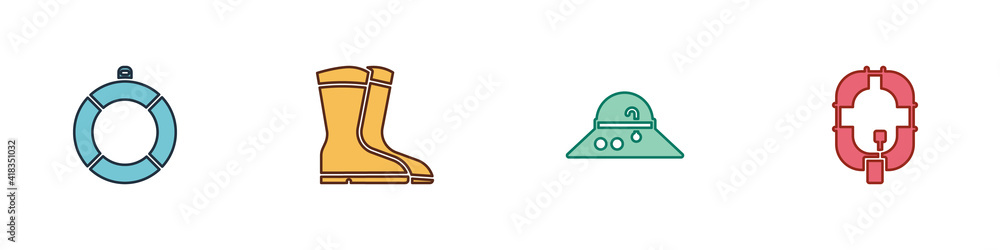 Fototapeta premium Set Lifebuoy, Fishing boots, Fisherman hat and Inflatable boat icon. Vector.