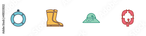 Set Lifebuoy, Fishing boots, Fisherman hat and Inflatable boat icon. Vector.