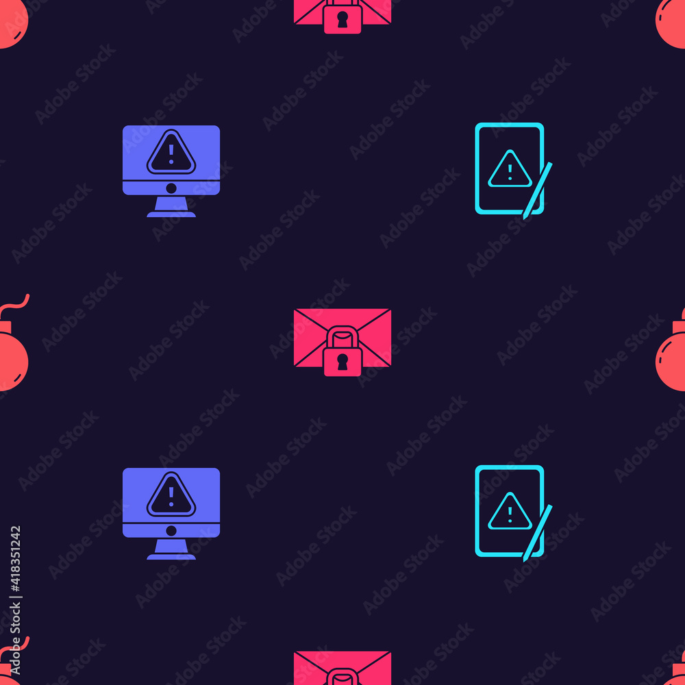 Set Tablet with exclamation mark, Monitor, Mail message lock password and Bomb ready explode on seamless pattern. Vector.