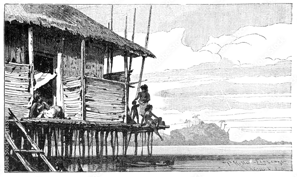 Stockillustratie House on water, village in Java Indonesia. Culture and ...