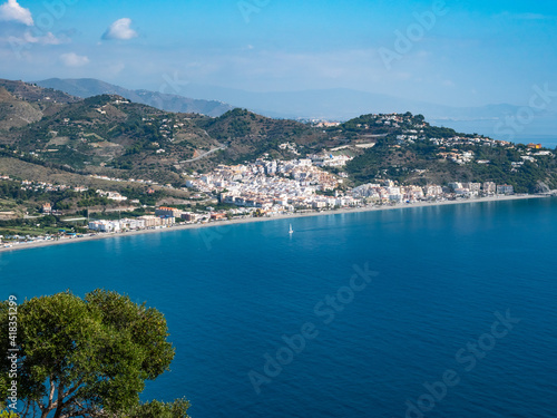 Panorama from the Cerro Gordo viewpoint of coastline along the Costa tropical and Urb. Punta de la Mona, Malaga, Spain
